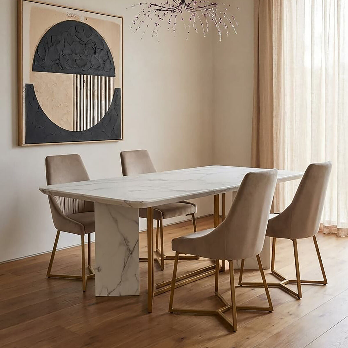 White Marble Top Rectangular Dining Table With Gold Intersecting Base, Vieste