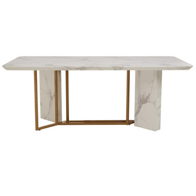 White Marble Top Rectangular Dining Table With Gold Intersecting Base, Vieste