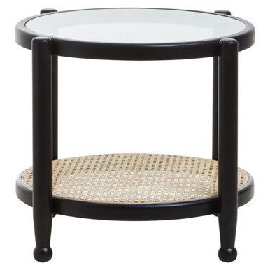 Black Elm Wood Side Table With Glass Top & Cane Open Weave Lower Shelf, Cebu