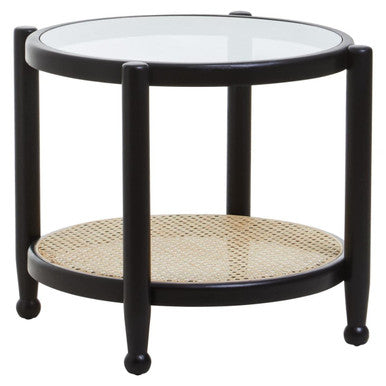 Black Elm Wood Side Table With Glass Top & Cane Open Weave Lower Shelf, Cebu