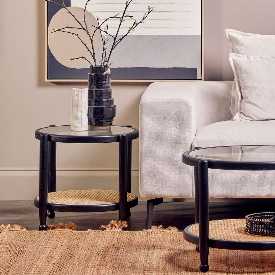 Black Elm Wood Side Table With Glass Top & Cane Open Weave Lower Shelf, Cebu