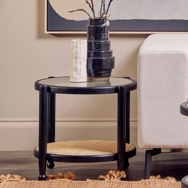 Black Elm Wood Side Table With Glass Top & Cane Open Weave Lower Shelf, Cebu