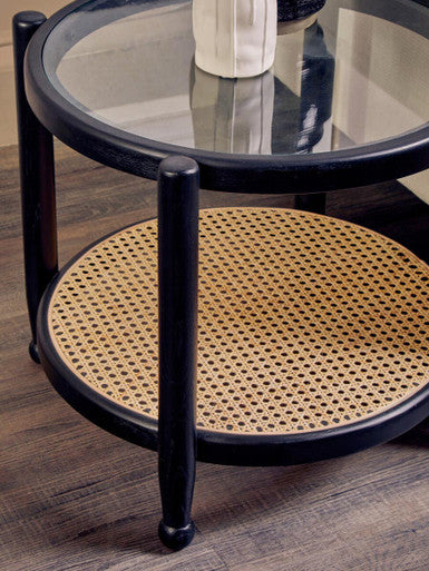 Black Elm Wood Side Table With Glass Top & Cane Open Weave Lower Shelf, Cebu