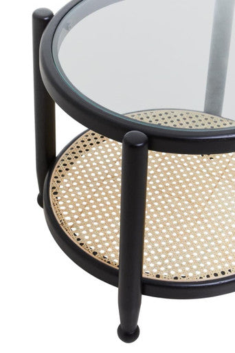 Black Elm Wood Side Table With Glass Top & Cane Open Weave Lower Shelf, Cebu
