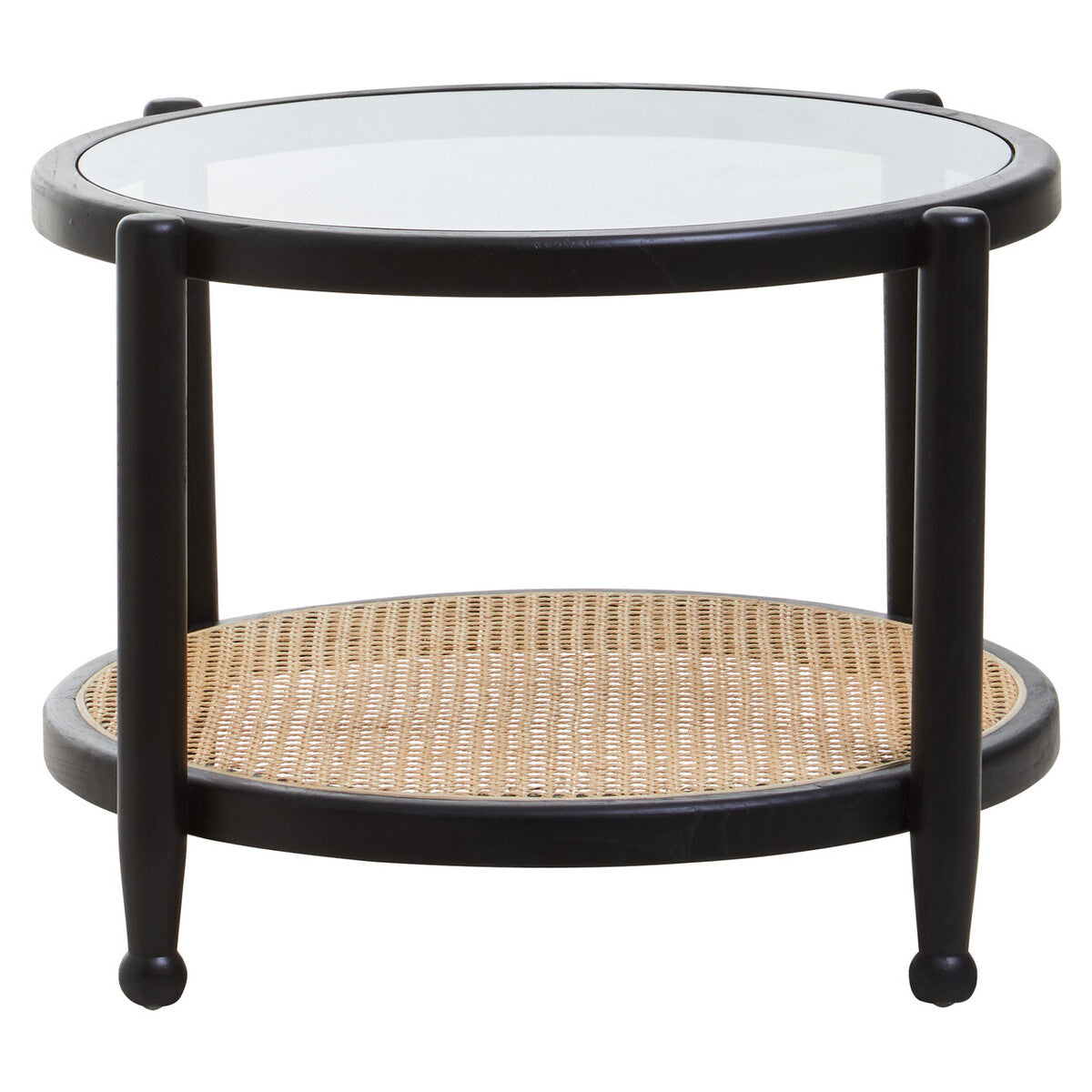 Black Wood & Rattan Frame Coffee Table With Glass Top, Cebu