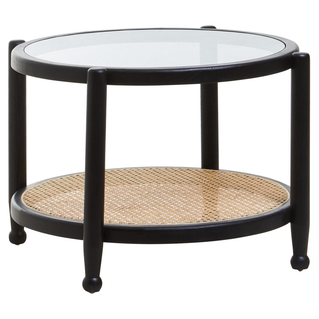 Black Wood & Rattan Frame Coffee Table With Glass Top, Cebu