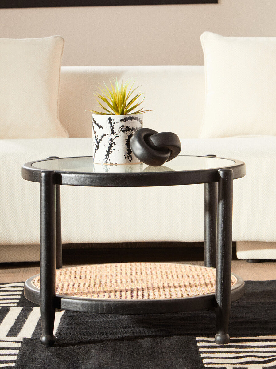 Black Wood & Rattan Frame Coffee Table With Glass Top, Cebu