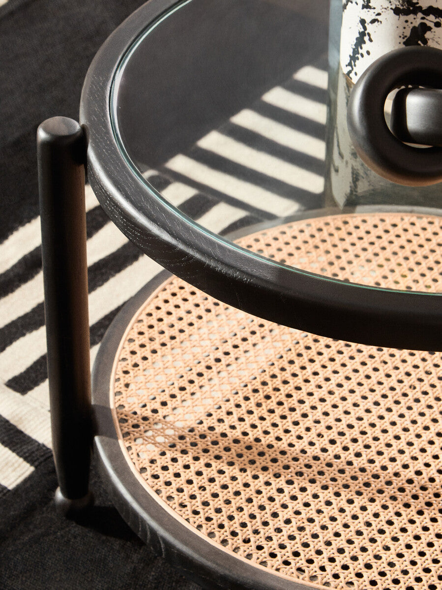 Black Wood & Rattan Frame Coffee Table With Glass Top, Cebu