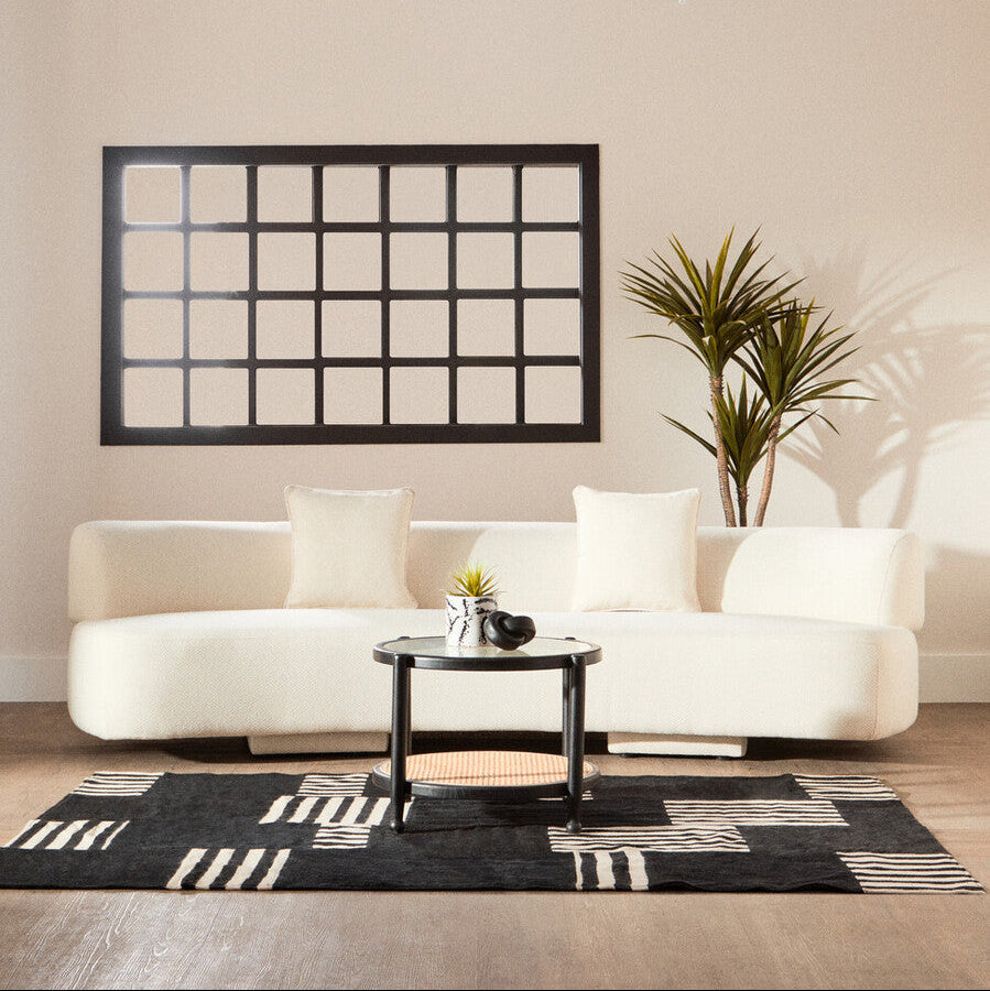 Black Wood & Rattan Frame Coffee Table With Glass Top, Cebu