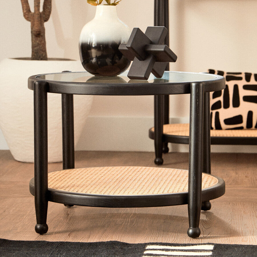 Black Wood & Rattan Frame Coffee Table With Glass Top, Cebu