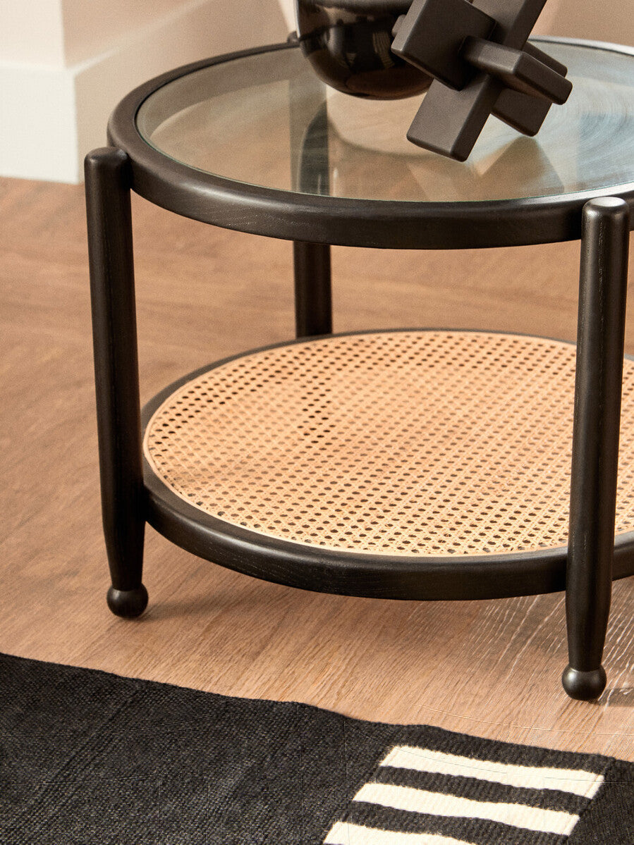 Black Wood & Rattan Frame Coffee Table With Glass Top, Cebu