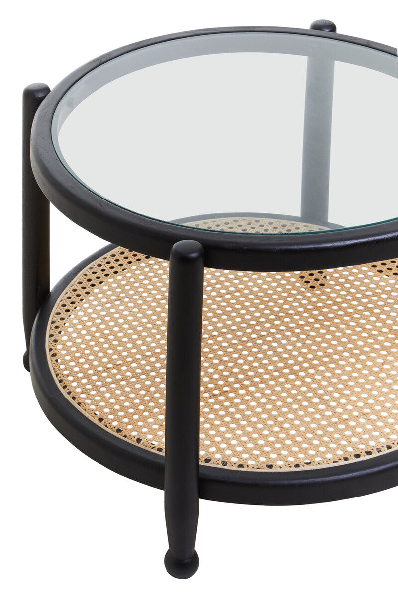 Black Wood & Rattan Frame Coffee Table With Glass Top, Cebu
