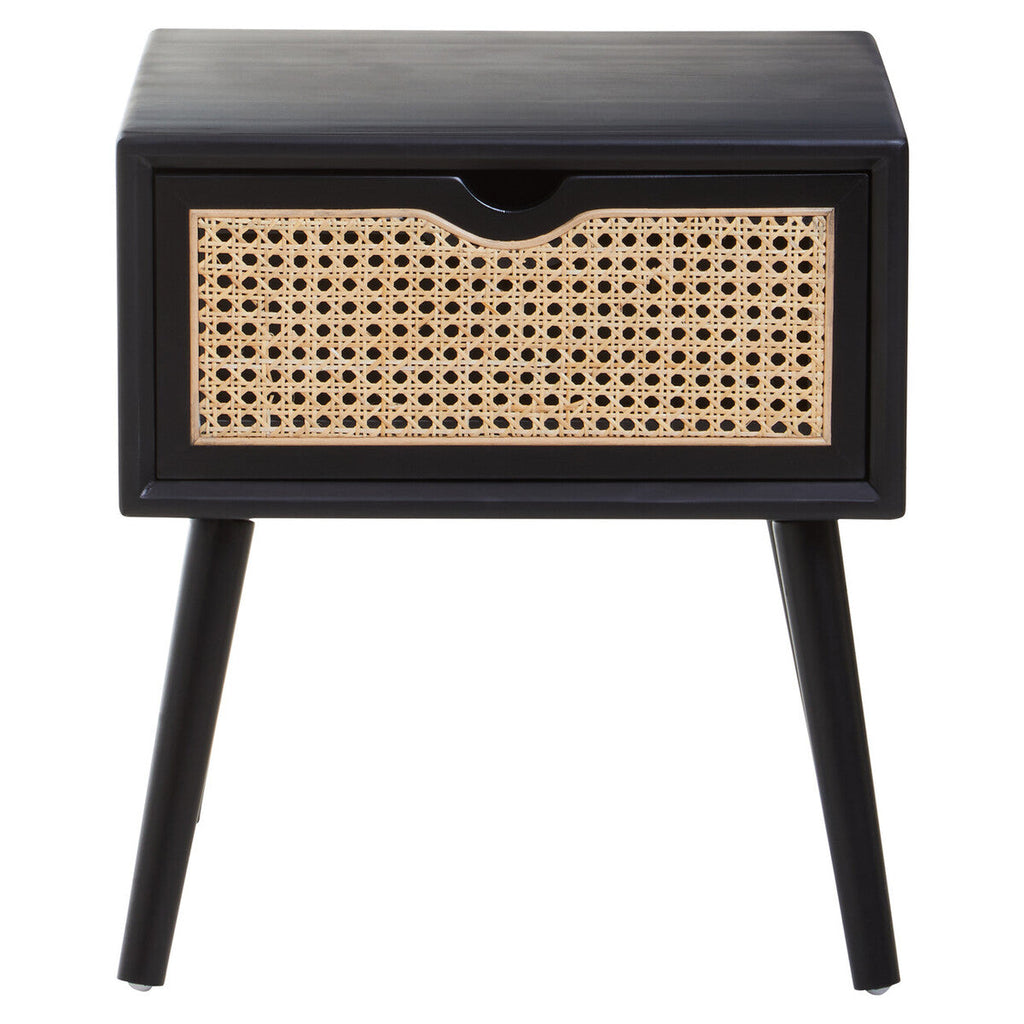 Black Elm Wood Side Table With Natural Cane Weave 1 Drawer & Angular Legs, Cebu