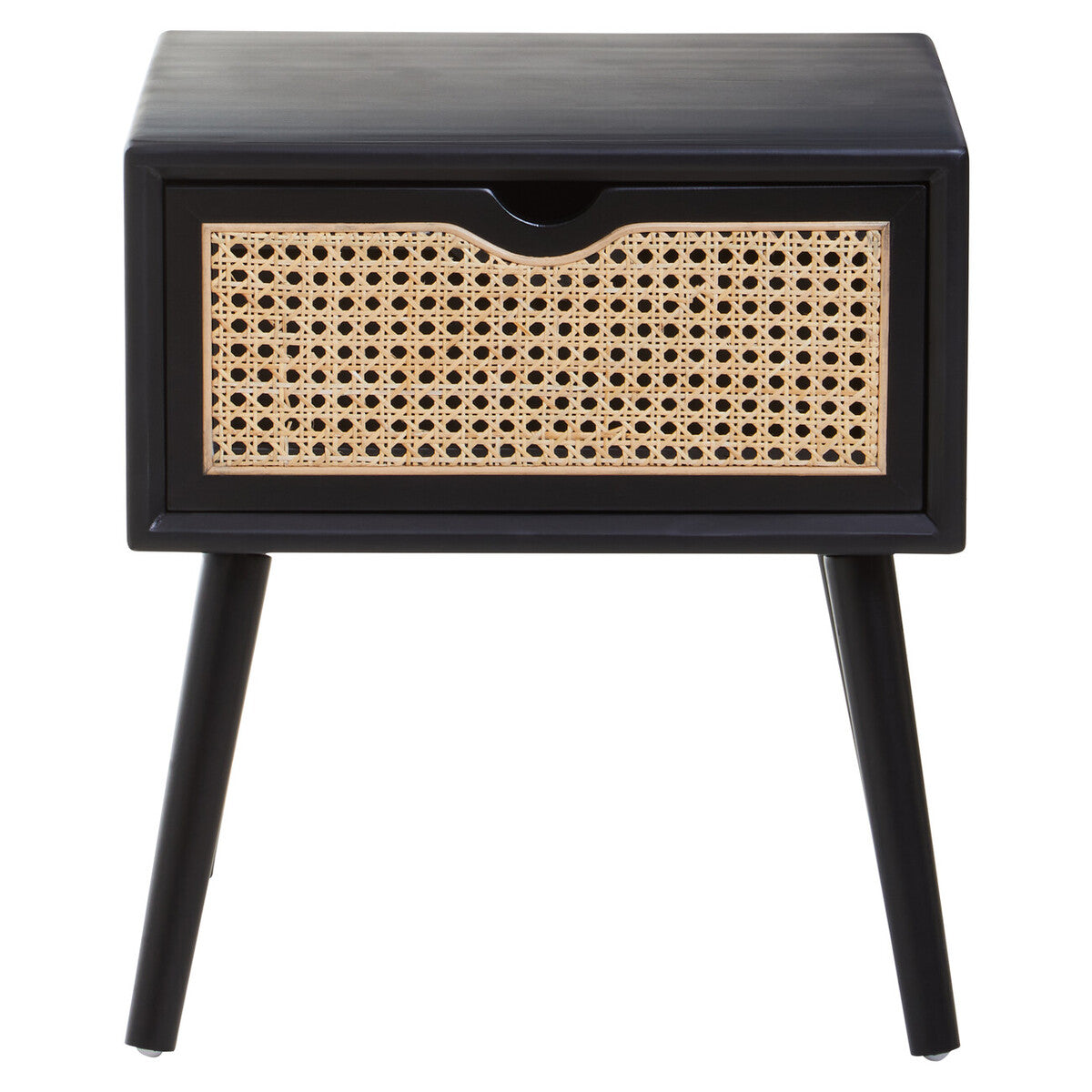 Black Elm Wood Side Table With Natural Cane Weave 1 Drawer & Angular Legs, Cebu