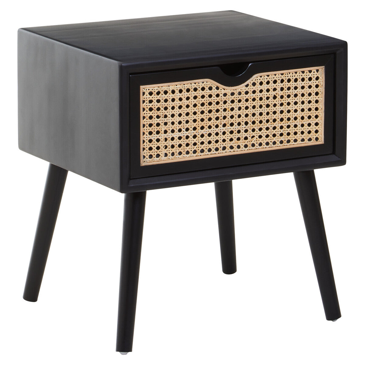Black Elm Wood Side Table With Natural Cane Weave 1 Drawer & Angular Legs, Cebu