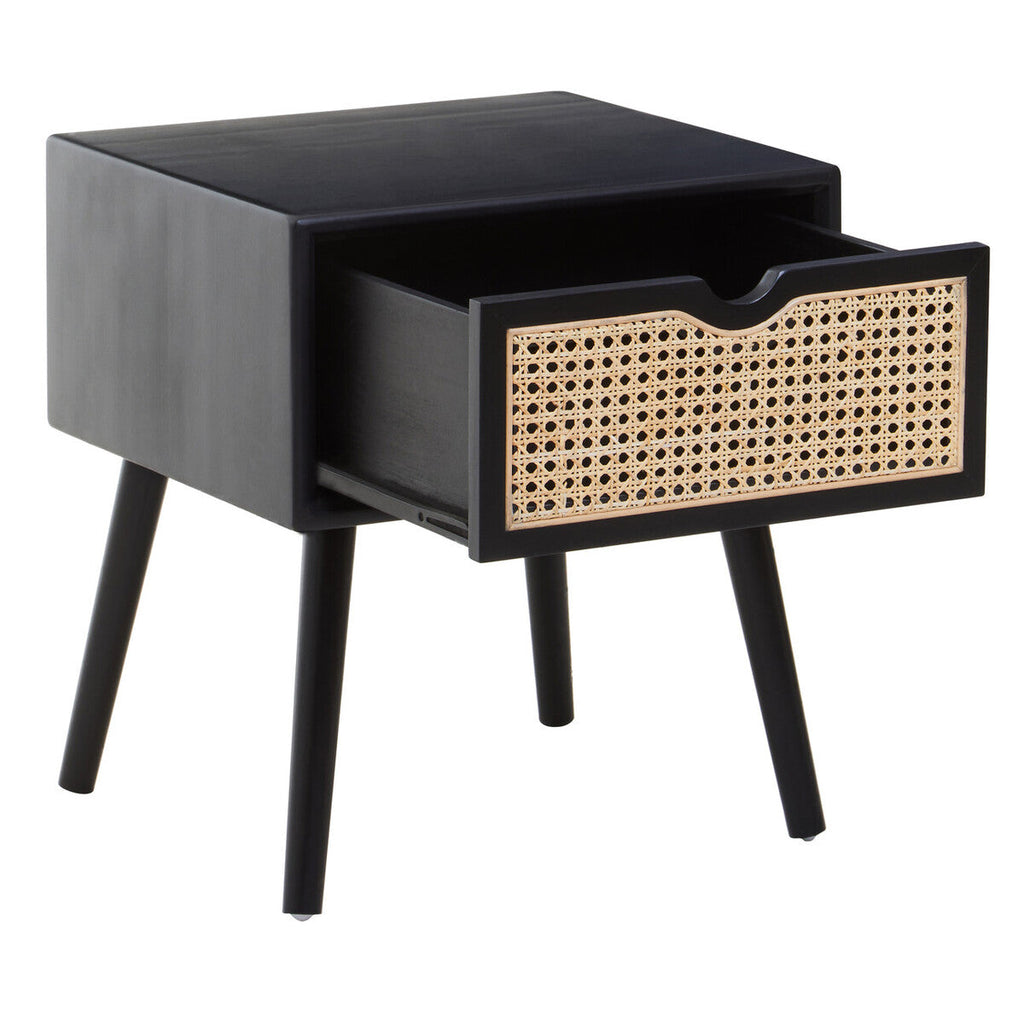 Black Elm Wood Side Table With Natural Cane Weave 1 Drawer & Angular Legs, Cebu