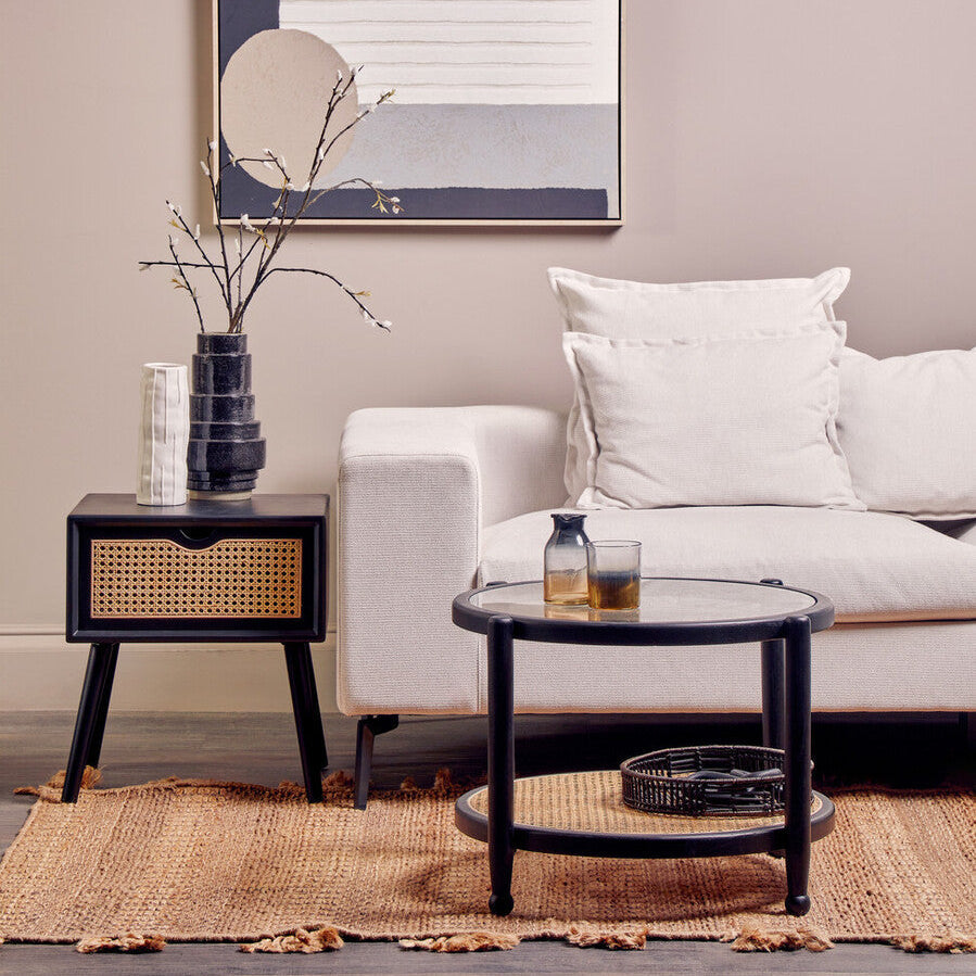 Black Elm Wood Side Table With Natural Cane Weave 1 Drawer & Angular Legs, Cebu