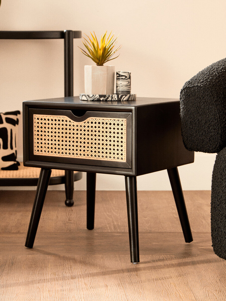 Black Elm Wood Side Table With Natural Cane Weave 1 Drawer & Angular Legs, Cebu