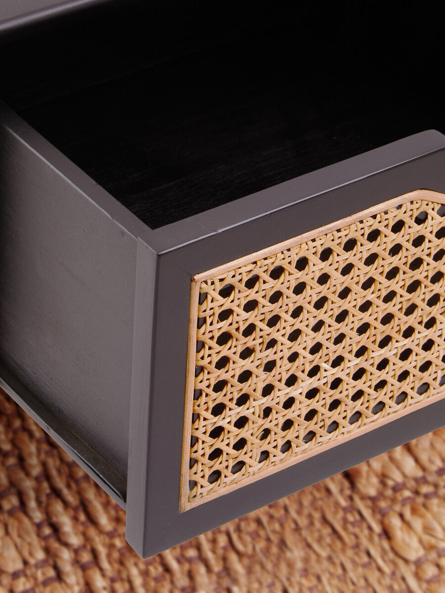 Black Elm Wood Side Table With Natural Cane Weave 1 Drawer & Angular Legs, Cebu