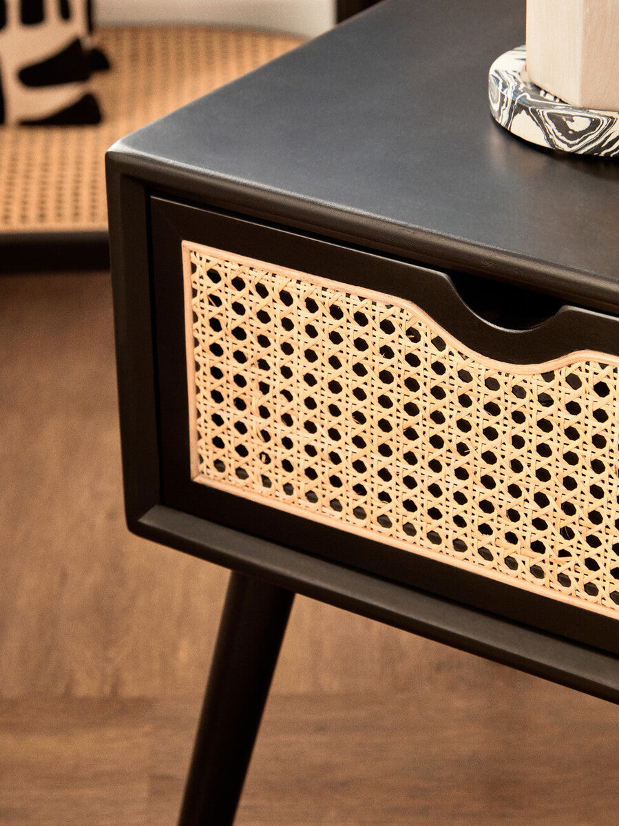 Black Elm Wood Side Table With Natural Cane Weave 1 Drawer & Angular Legs, Cebu