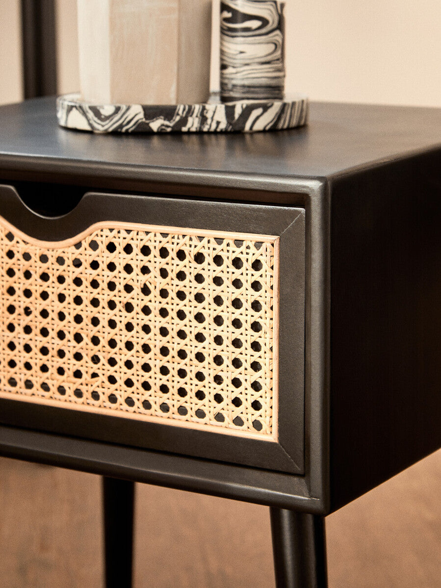 Black Elm Wood Side Table With Natural Cane Weave 1 Drawer & Angular Legs, Cebu