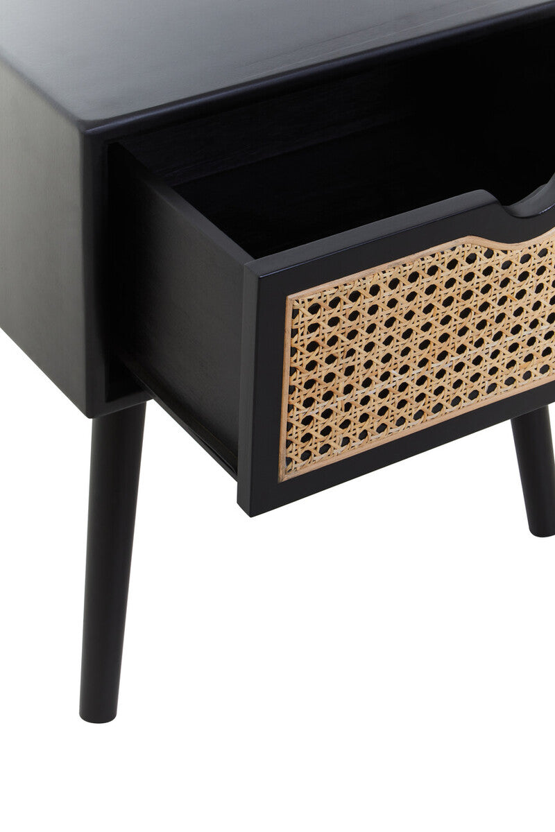 Black Elm Wood Side Table With Natural Cane Weave 1 Drawer & Angular Legs, Cebu