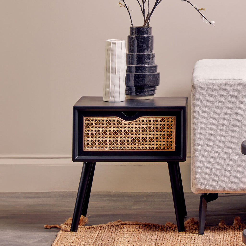 Black Elm Wood Side Table With Natural Cane Weave 1 Drawer & Angular Legs, Cebu
