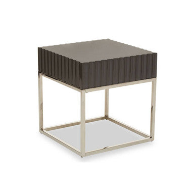 Grey Gloss Square Side Table With Fluted Carved Top & Silver Stainless Steel Frame, Genoa