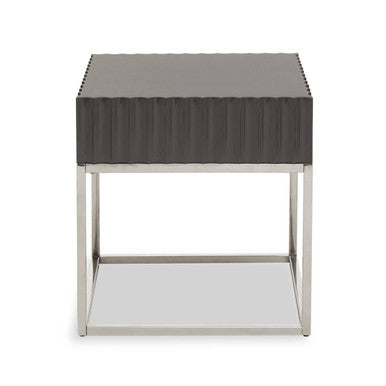 Grey Gloss Square Side Table With Fluted Carved Top & Silver Stainless Steel Frame, Genoa