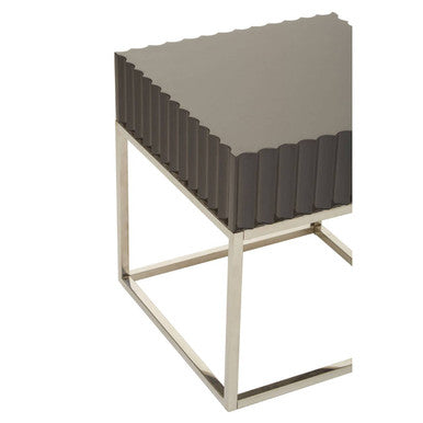 Grey Gloss Square Side Table With Fluted Carved Top & Silver Stainless Steel Frame, Genoa