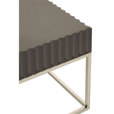 Grey Gloss Square Side Table With Fluted Carved Top & Silver Stainless Steel Frame, Genoa