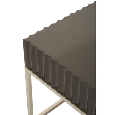 Grey Gloss Square Side Table With Fluted Carved Top & Silver Stainless Steel Frame, Genoa