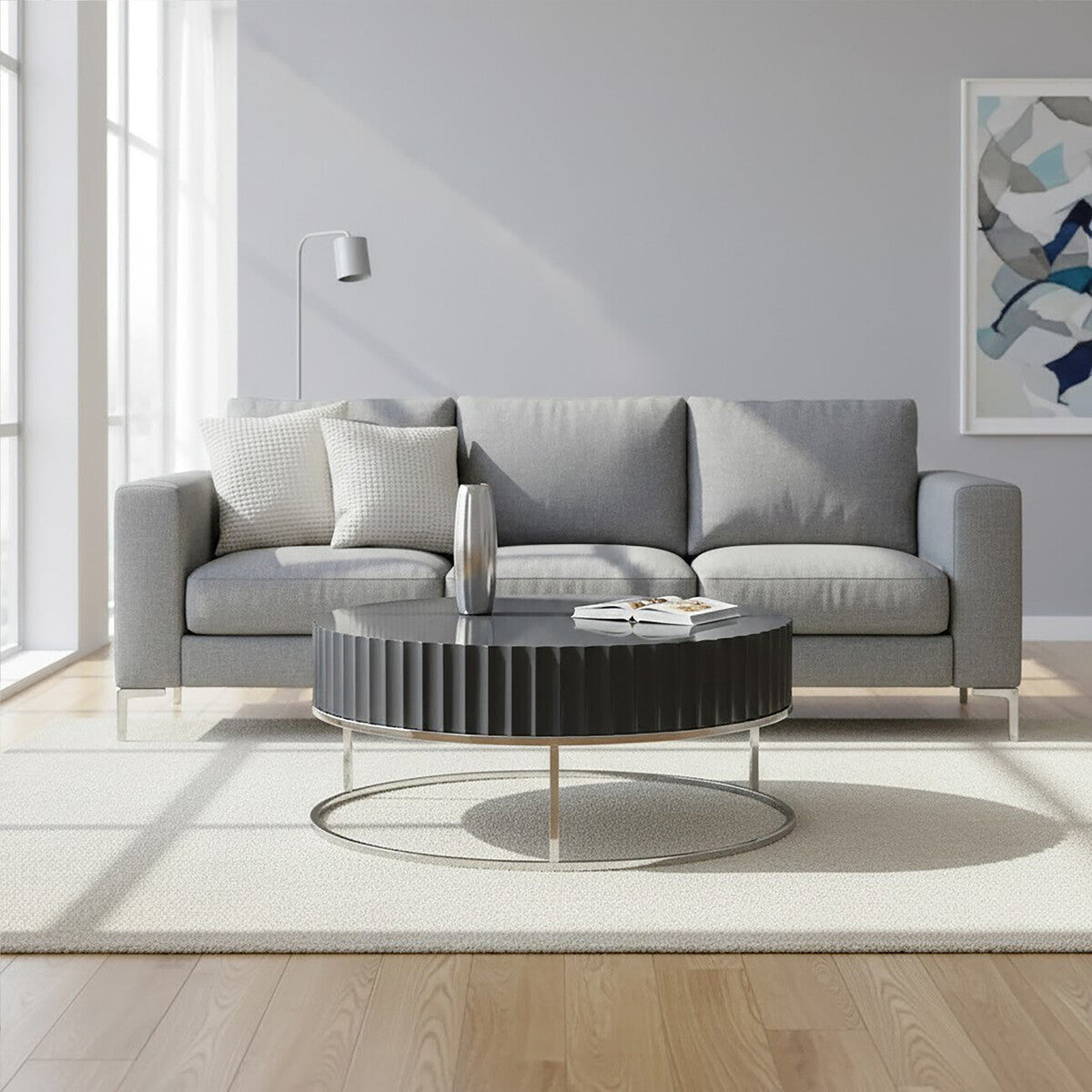 Grey Gloss Wooden Coffee Table With Stainless Steel Base, Genoa