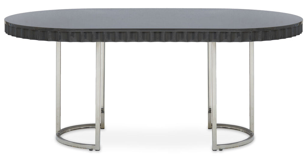 Grey High Gloss Oval Dining Table With Fluted Edge & Polished Stainless Steel Sledge Base, Genoa