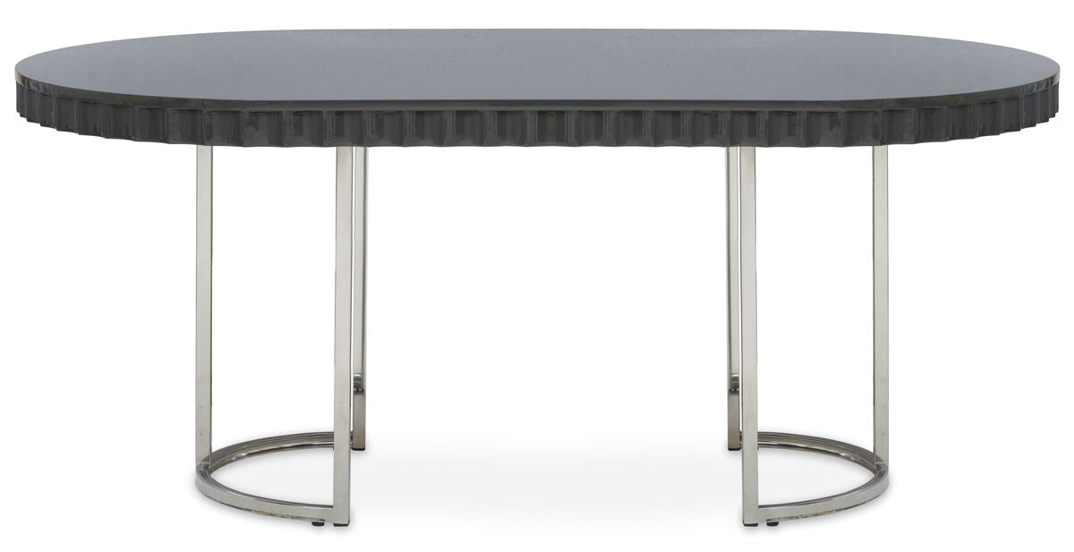 Grey High Gloss Oval Dining Table With Fluted Edge & Polished Stainless Steel Sledge Base, Genoa