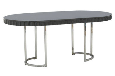 Grey High Gloss Oval Dining Table With Fluted Edge & Polished Stainless Steel Sledge Base, Genoa