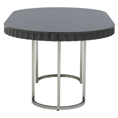 Grey High Gloss Oval Dining Table With Fluted Edge & Polished Stainless Steel Sledge Base, Genoa