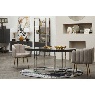 Grey High Gloss Oval Dining Table With Fluted Edge & Polished Stainless Steel Sledge Base, Genoa