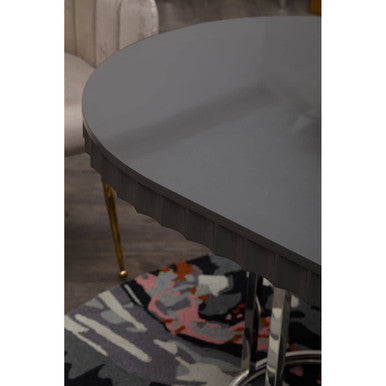 Grey High Gloss Oval Dining Table With Fluted Edge & Polished Stainless Steel Sledge Base, Genoa