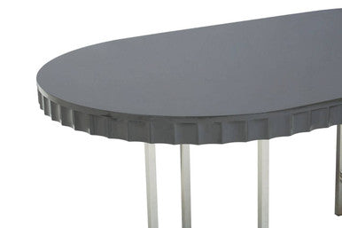 Grey High Gloss Oval Dining Table With Fluted Edge & Polished Stainless Steel Sledge Base, Genoa