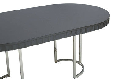 Grey High Gloss Oval Dining Table With Fluted Edge & Polished Stainless Steel Sledge Base, Genoa