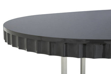 Grey High Gloss Oval Dining Table With Fluted Edge & Polished Stainless Steel Sledge Base, Genoa