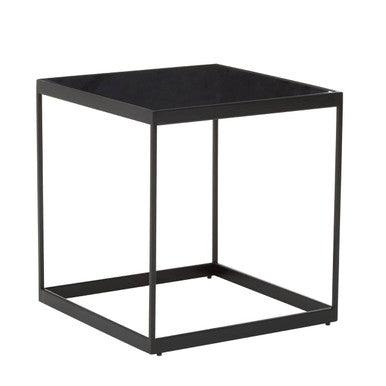 Black Square Side Table With White Marble Inlay Line & Powder-Coated Metal Frame, Genoa
