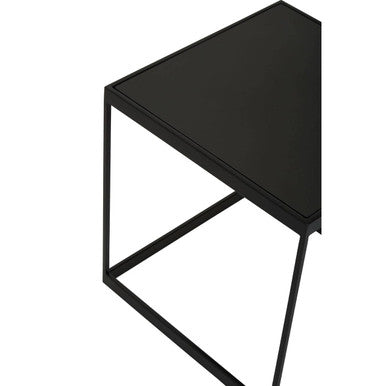 Black Square Side Table With White Marble Inlay Line & Powder-Coated Metal Frame, Genoa