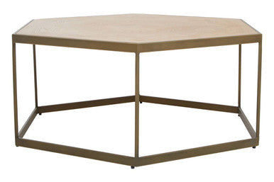 Natural Oak Hexagonal Veneer Coffee Table With Brown Brushed Brass Steel Frame, Grenoble