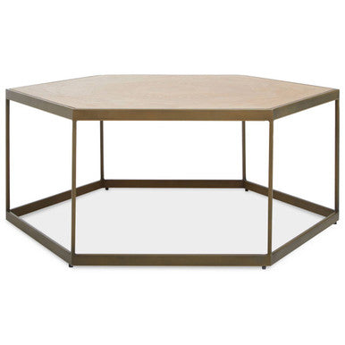 Natural Oak Hexagonal Veneer Coffee Table With Brown Brushed Brass Steel Frame, Grenoble