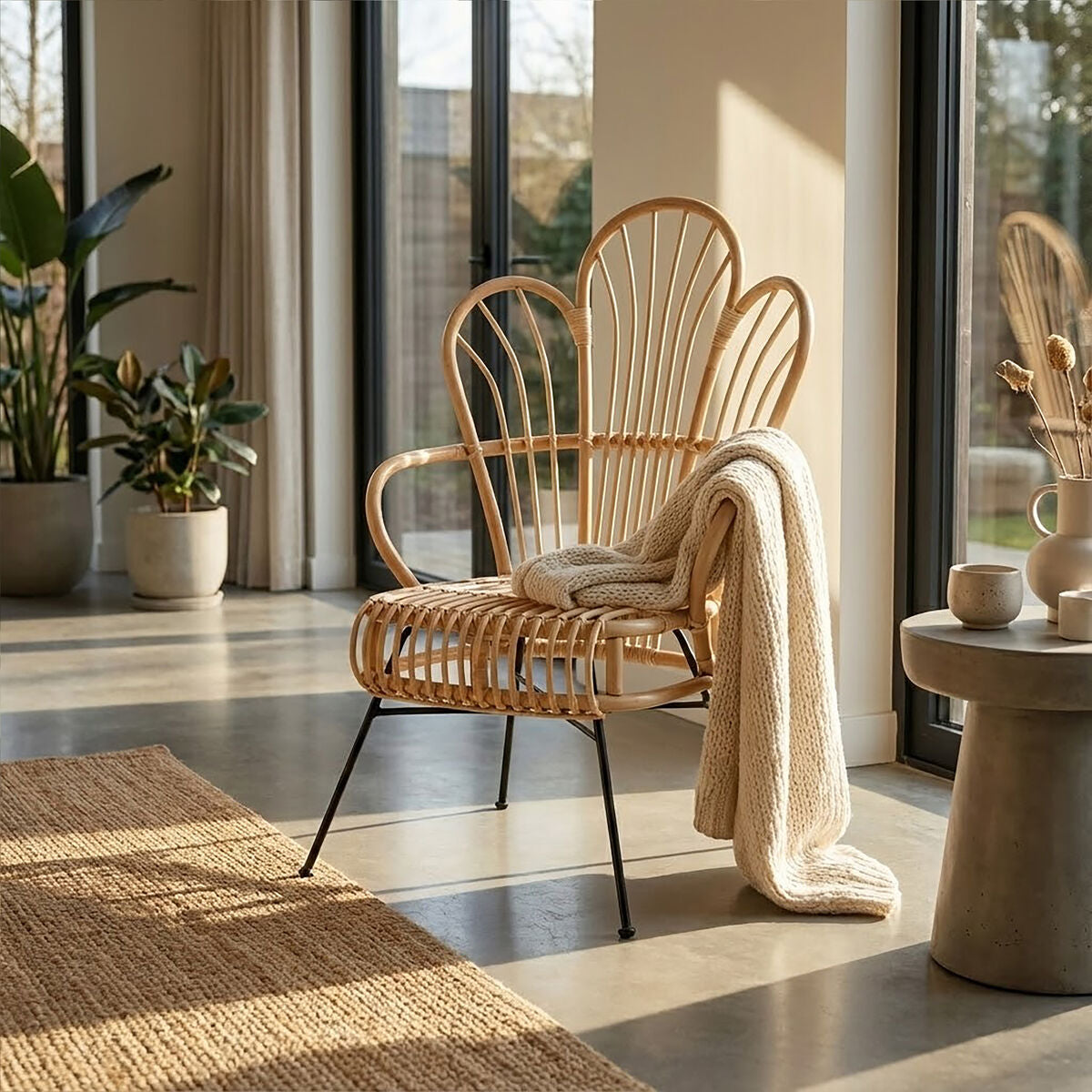 Java Natural Rattan & Black Metal Back Chair