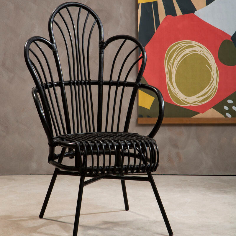 Java Black Natural Rattan & Black Metal Scalloped Back Chair