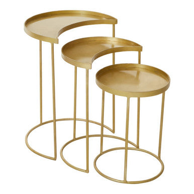 Set Of 3 Antique Brass Metallic Nesting Side Tables With Slim Legs & Half-Moon Tops, Suar