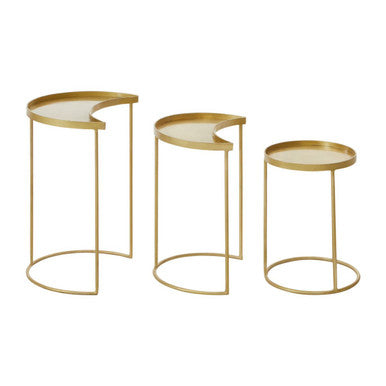 Set Of 3 Antique Brass Metallic Nesting Side Tables With Slim Legs & Half-Moon Tops, Suar